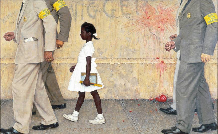 Ruby Bridges first day of school as depicted by Norman Rockwell in his painting "The Problem We All Live With."